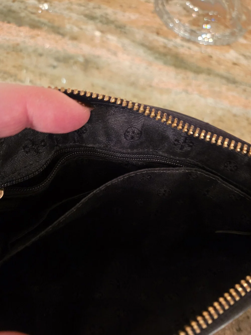 Tory Burch Black Leather Wristlet with Gold Logo